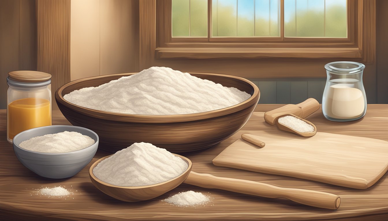 A rustic wooden table with a pile of flour, a bowl of bubbling sourdough starter, and a rolling pin