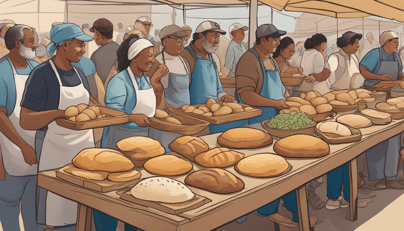 A table filled with various sourdough loaves, a bustling market, and people happily sampling and trading their sourdough creations