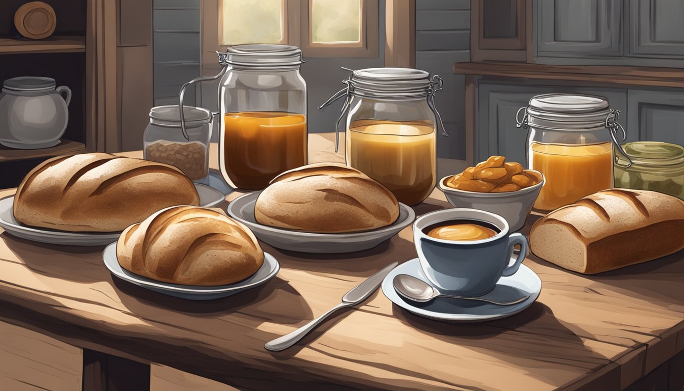 A rustic kitchen table adorned with freshly baked sourdough loaves, surrounded by jars of homemade preserves and a steaming cup of coffee