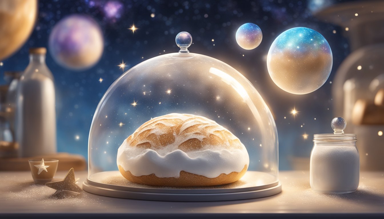 A sourdough starter floats in a transparent dome, surrounded by floating globules of flour and water. Beyond the dome, stars and galaxies fill the backdrop of the cosmic kitchen