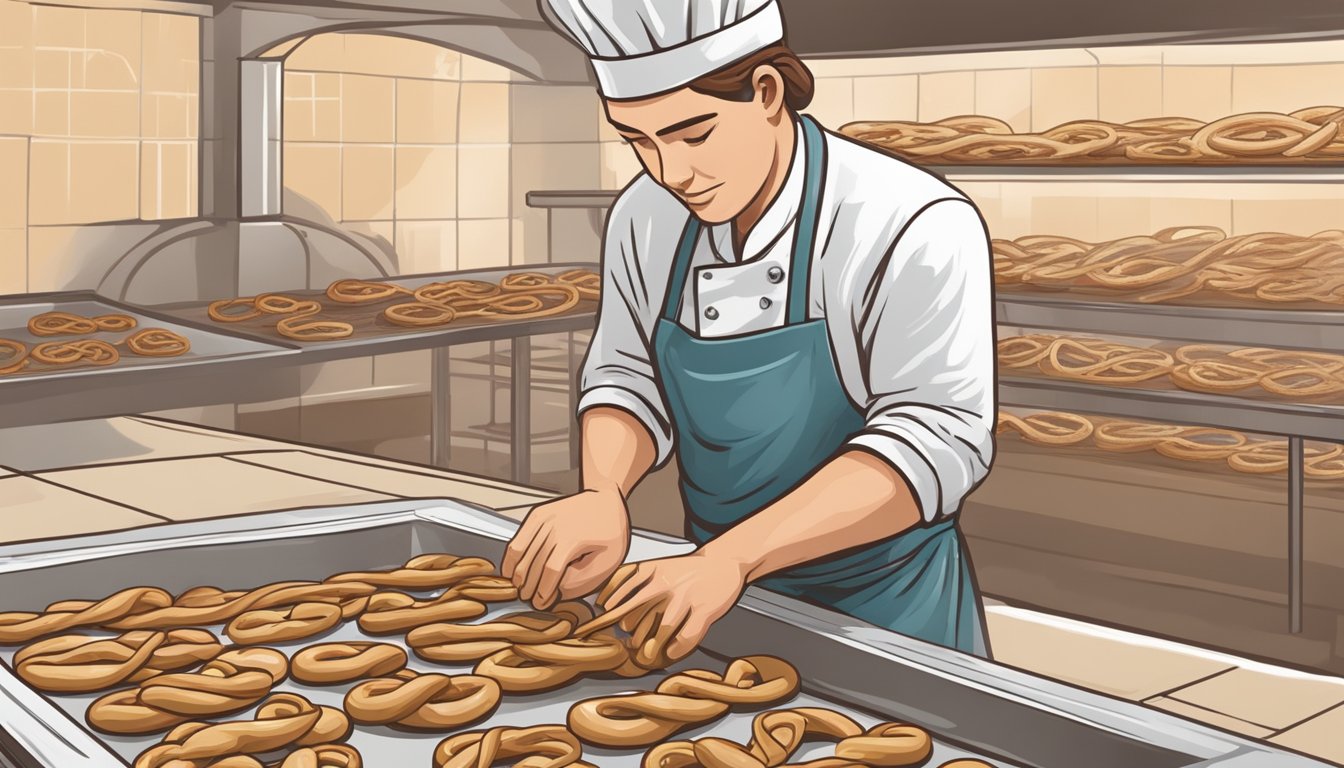 A baker expertly shapes sourdough pretzels, twisting and stretching the dough before placing them on a baking sheet