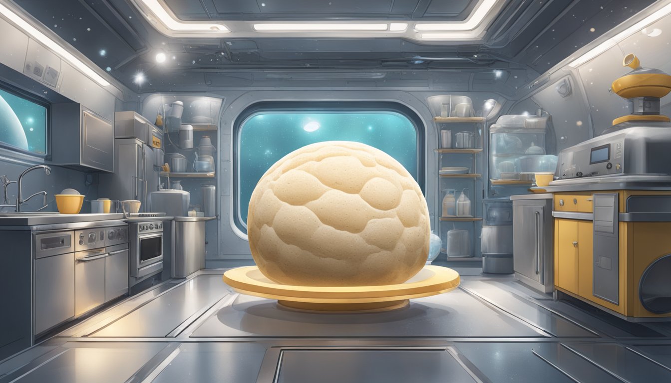 A floating ball of sourdough dough, surrounded by bubbles, inside a space station's kitchen