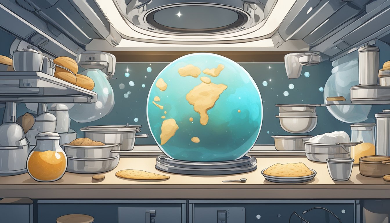 A floating ball of sourdough dough hovers above a countertop, surrounded by floating ingredients and utensils in a space station