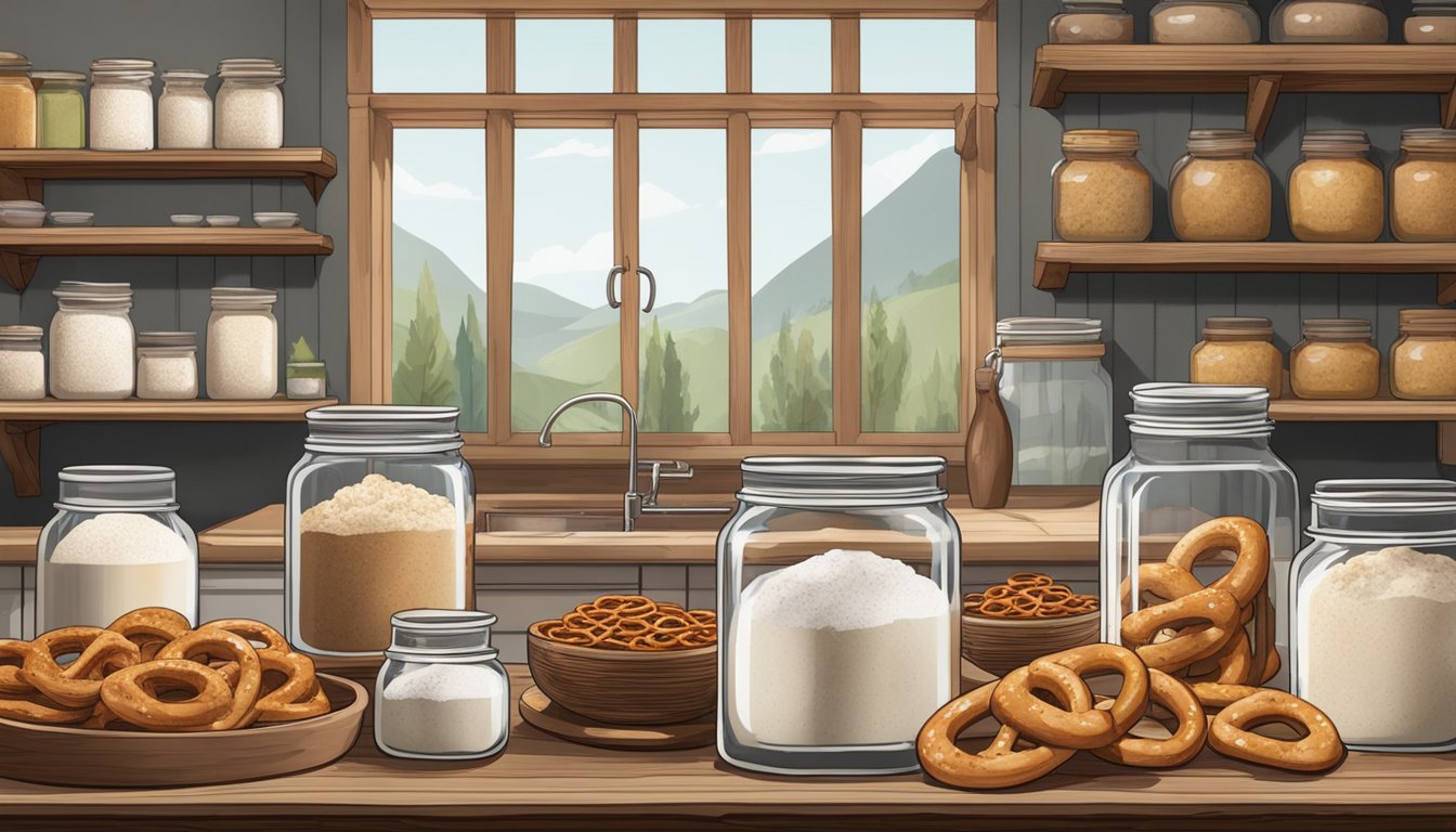 A rustic kitchen with shelves of sourdough pretzels in glass jars, surrounded by ingredients like flour, salt, and a sourdough starter