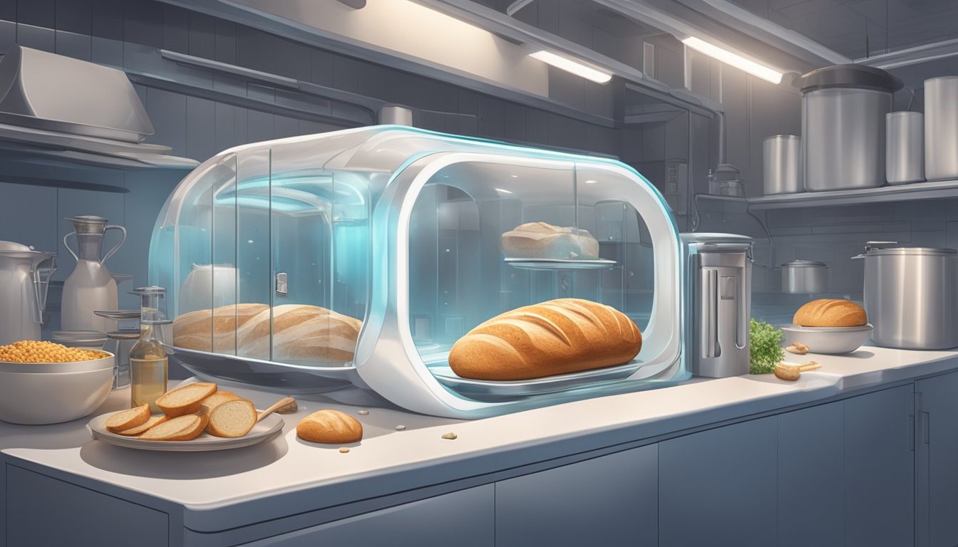 A sourdough loaf floats in a zero-gravity space kitchen, surrounded by floating utensils and ingredients. A futuristic food dispenser is visible in the background