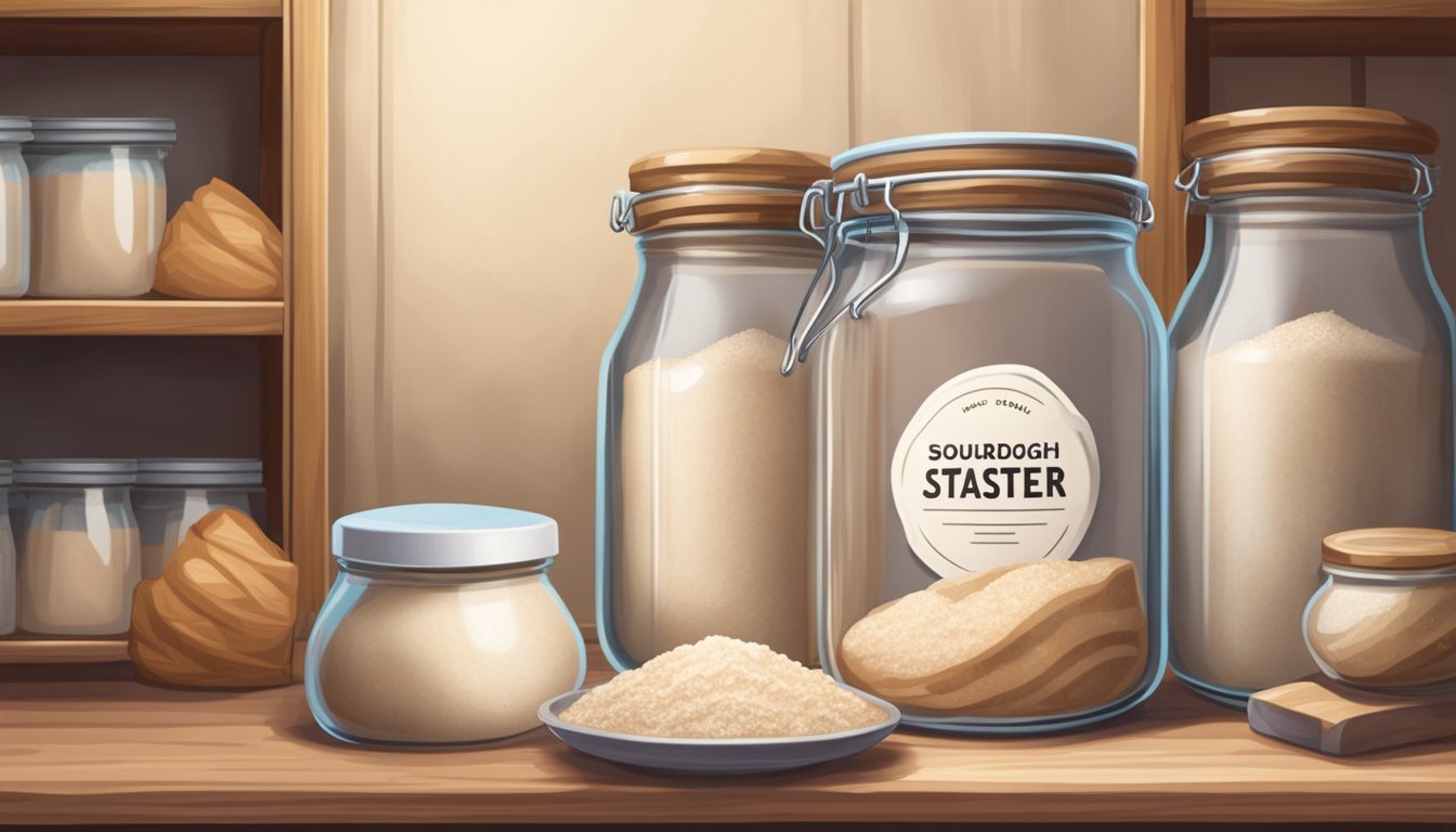 A glass jar filled with sourdough starter sits on a wooden shelf, surrounded by bags of flour and sugar. A calendar hangs on the wall, marking the passage of time