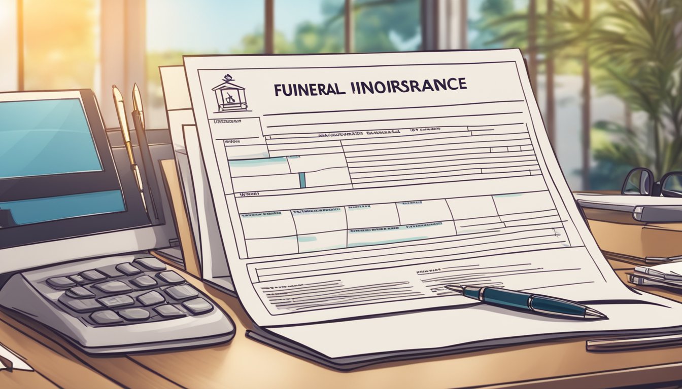 A funeral home insurance assignment form being filled out on a desk with a pen and a computer nearby