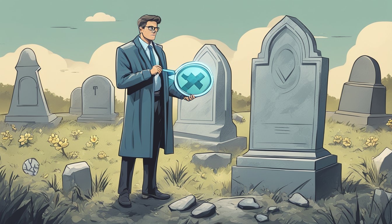 A figure holding a shield and a magnifying glass, standing in front of a grave with a scam symbol crossed out