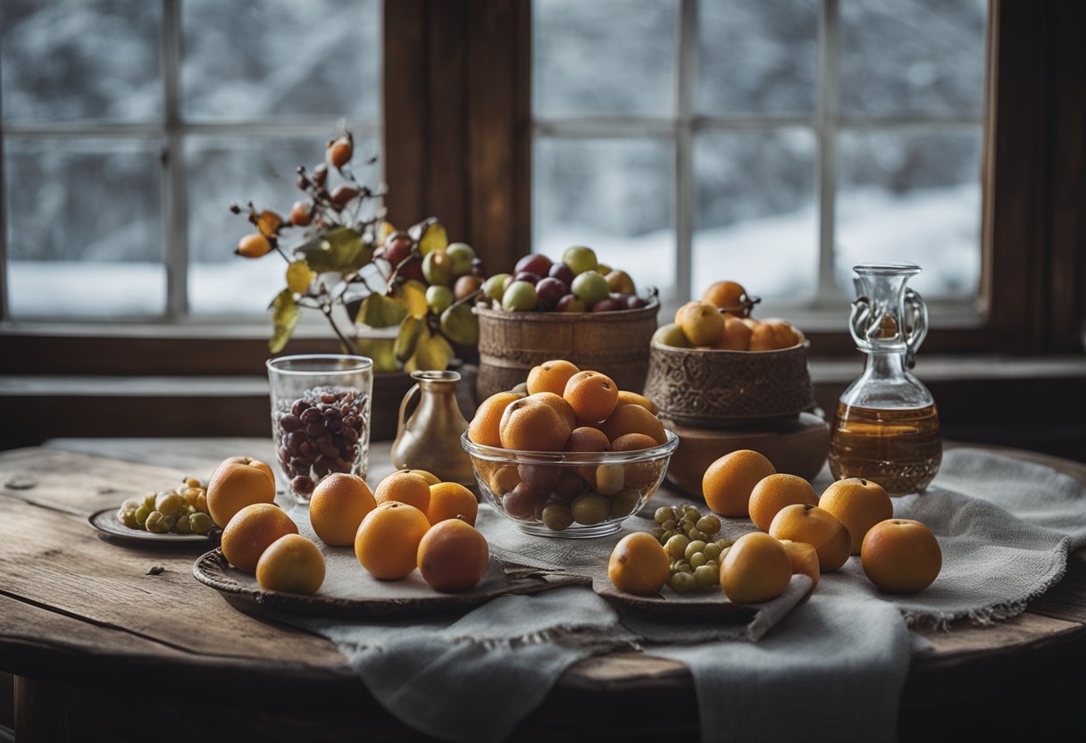 A still life with winter fruits on a weathered table, vintage labels against a frosted window