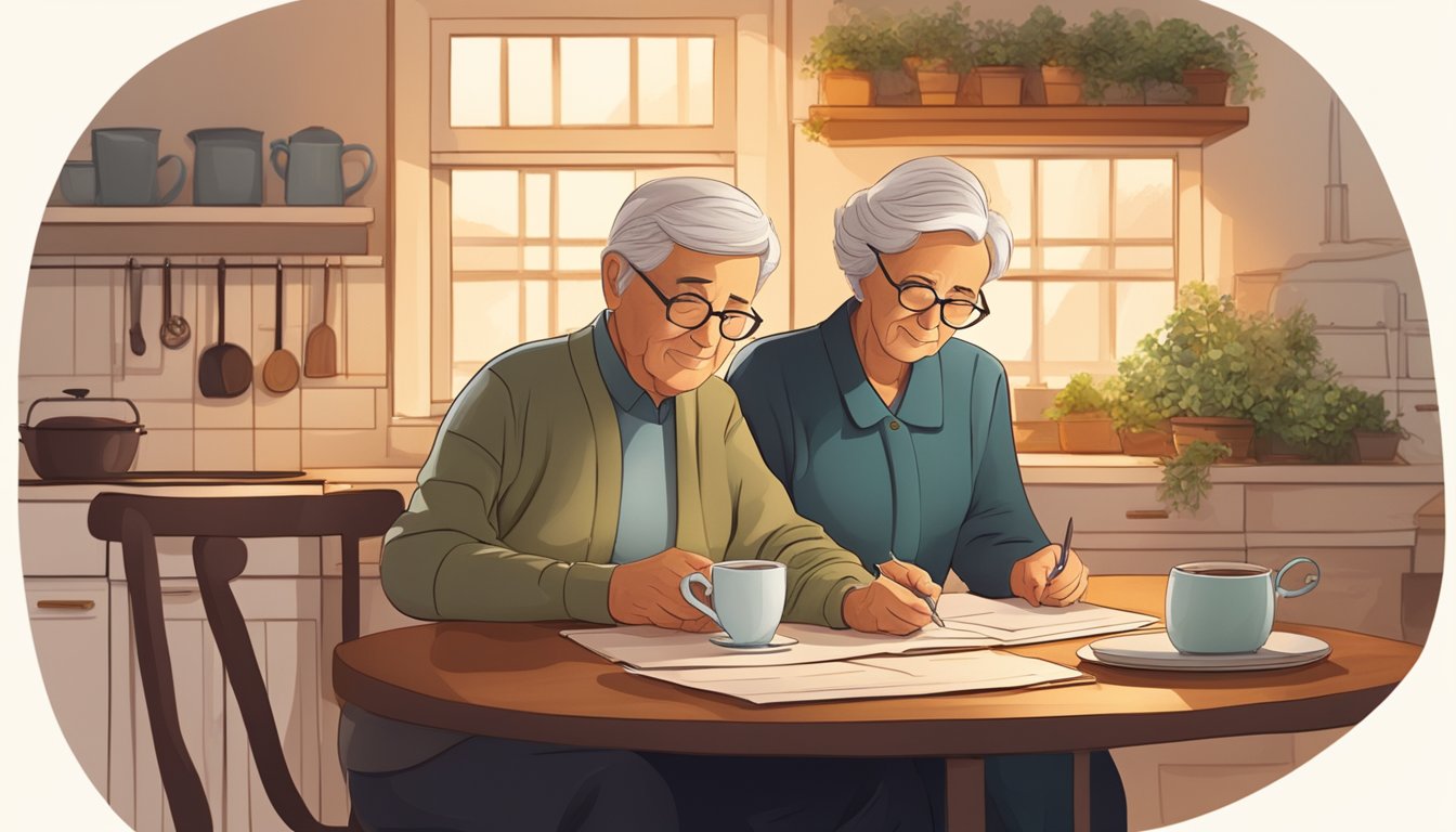 A serene elderly couple sitting at a kitchen table, reviewing paperwork for funeral insurance. A warm, comforting atmosphere with soft lighting and a cup of tea