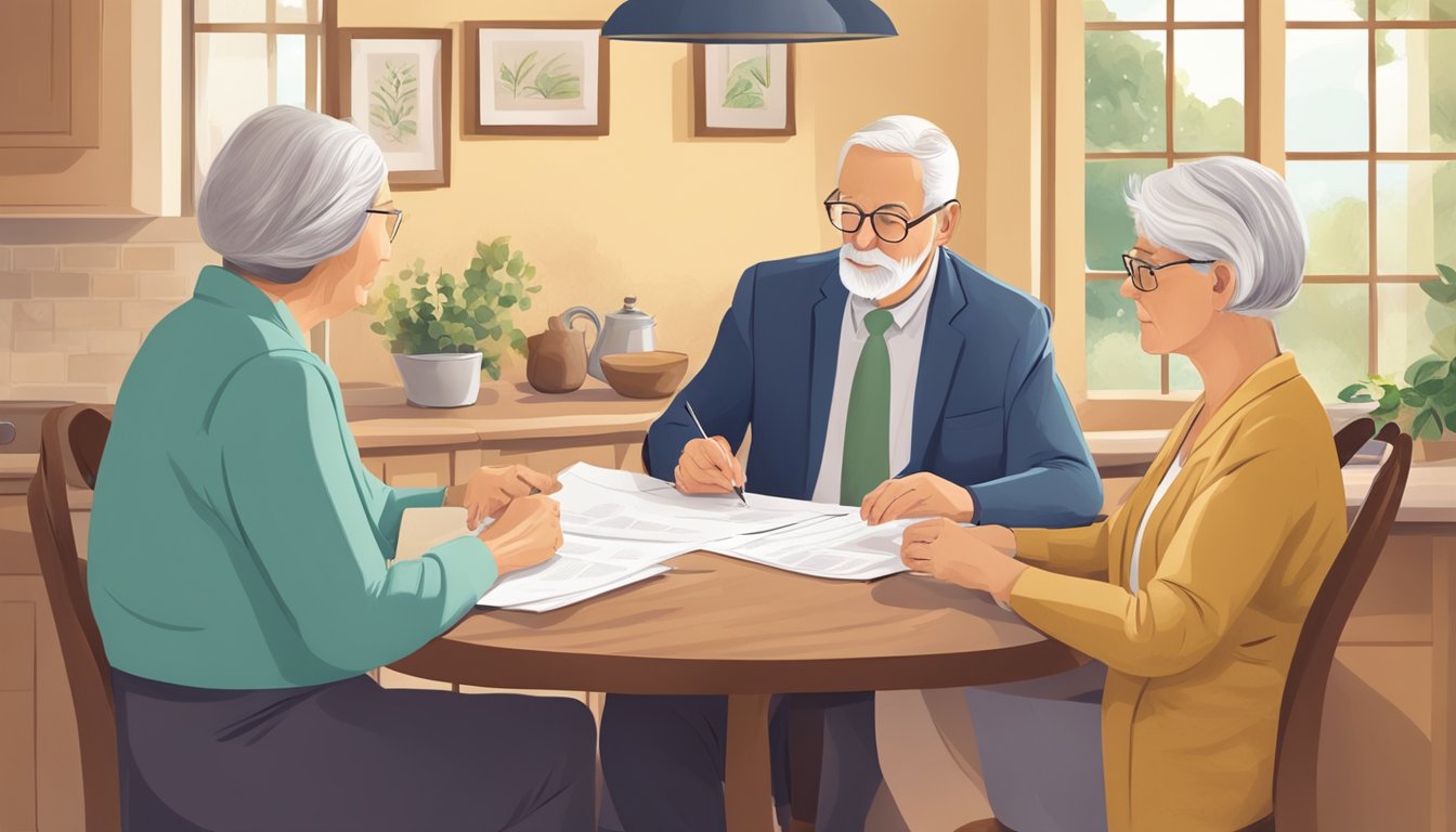 A serene elderly couple sitting at a kitchen table, reviewing paperwork with a compassionate insurance agent. A warm, comforting atmosphere