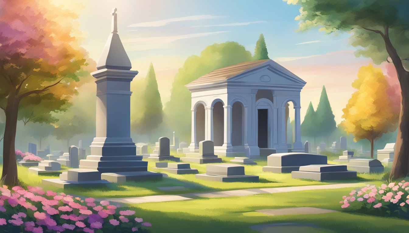 A serene, sunlit cemetery with colorful flowers and a tranquil atmosphere, representing the peace of mind provided by final expense insurance