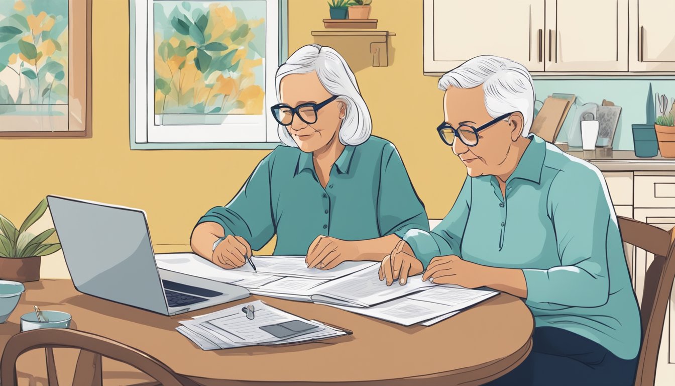 A serene elderly couple sitting at a kitchen table, surrounded by family photos and paperwork, discussing their final expense insurance options