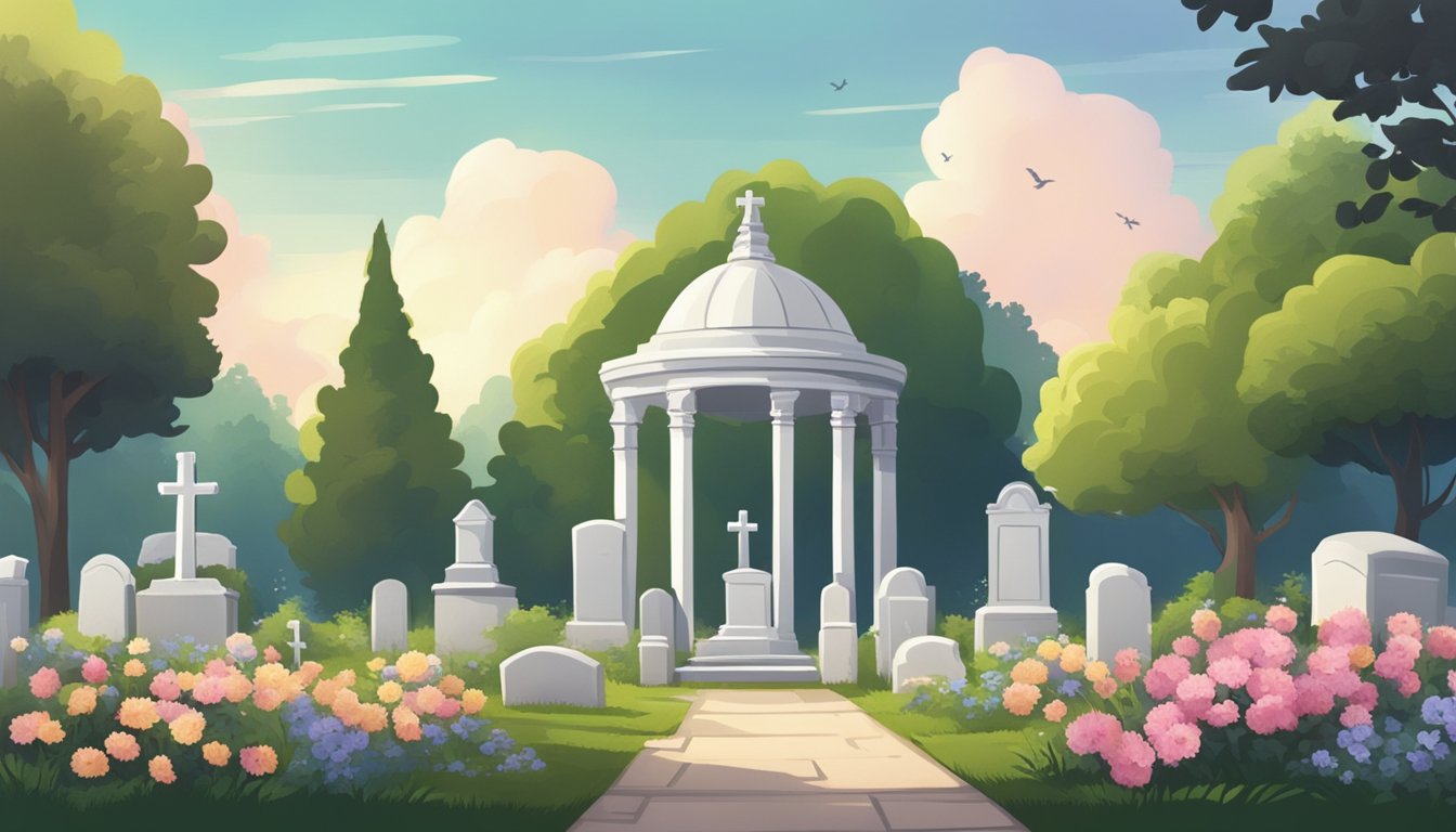 A peaceful cemetery with a single gravestone surrounded by flowers and trees. A serene and somber atmosphere