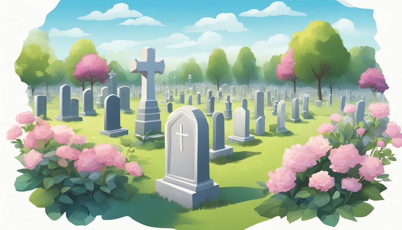 A serene cemetery with gravestones under a peaceful sky. A funeral insurance brochure lies open on a table, surrounded by flowers