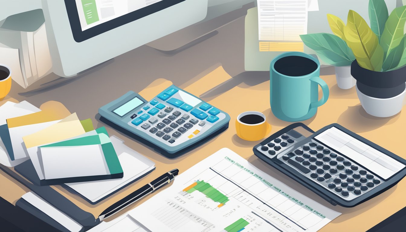 A desk with a laptop, calculator, and paper showing monthly financial planning and impact funeral insurance costs