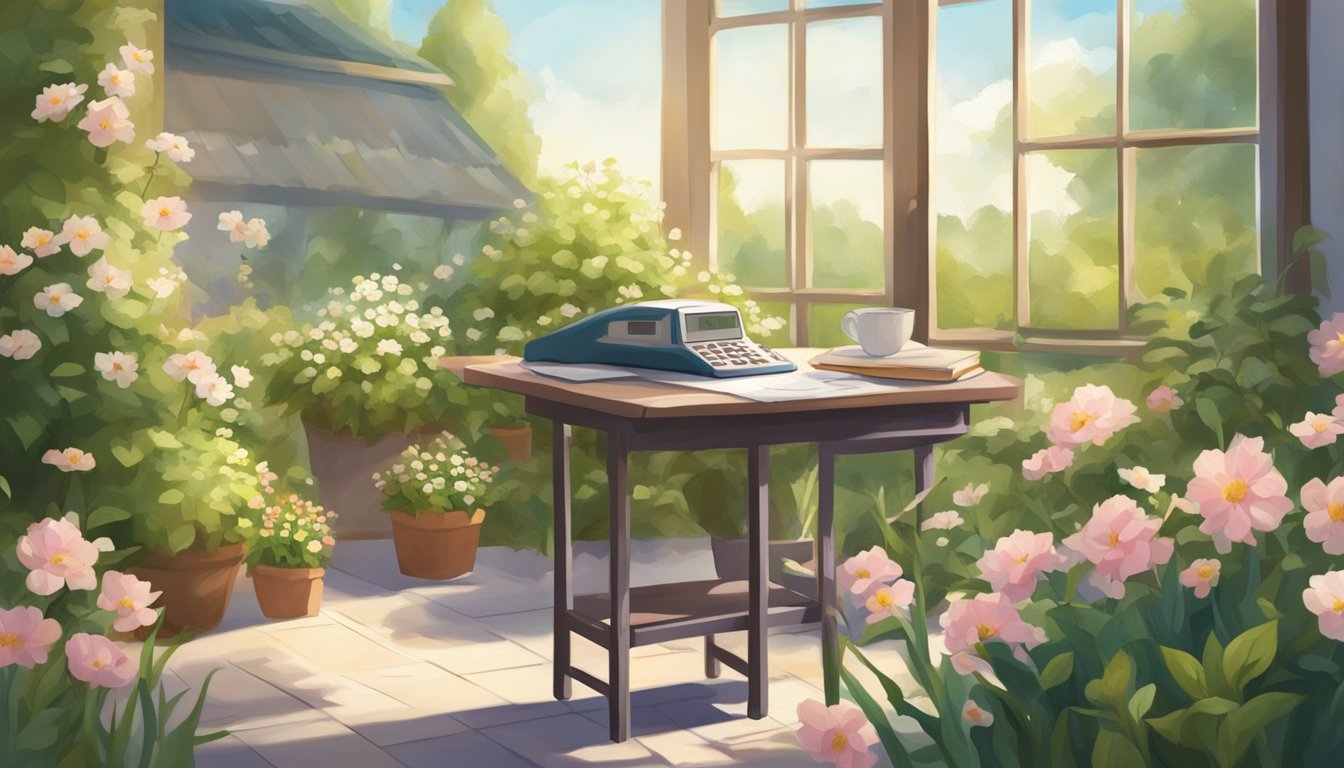 A serene, sunlit garden with a peaceful atmosphere, featuring a small table with paperwork and a calculator, surrounded by blooming flowers and a gentle breeze