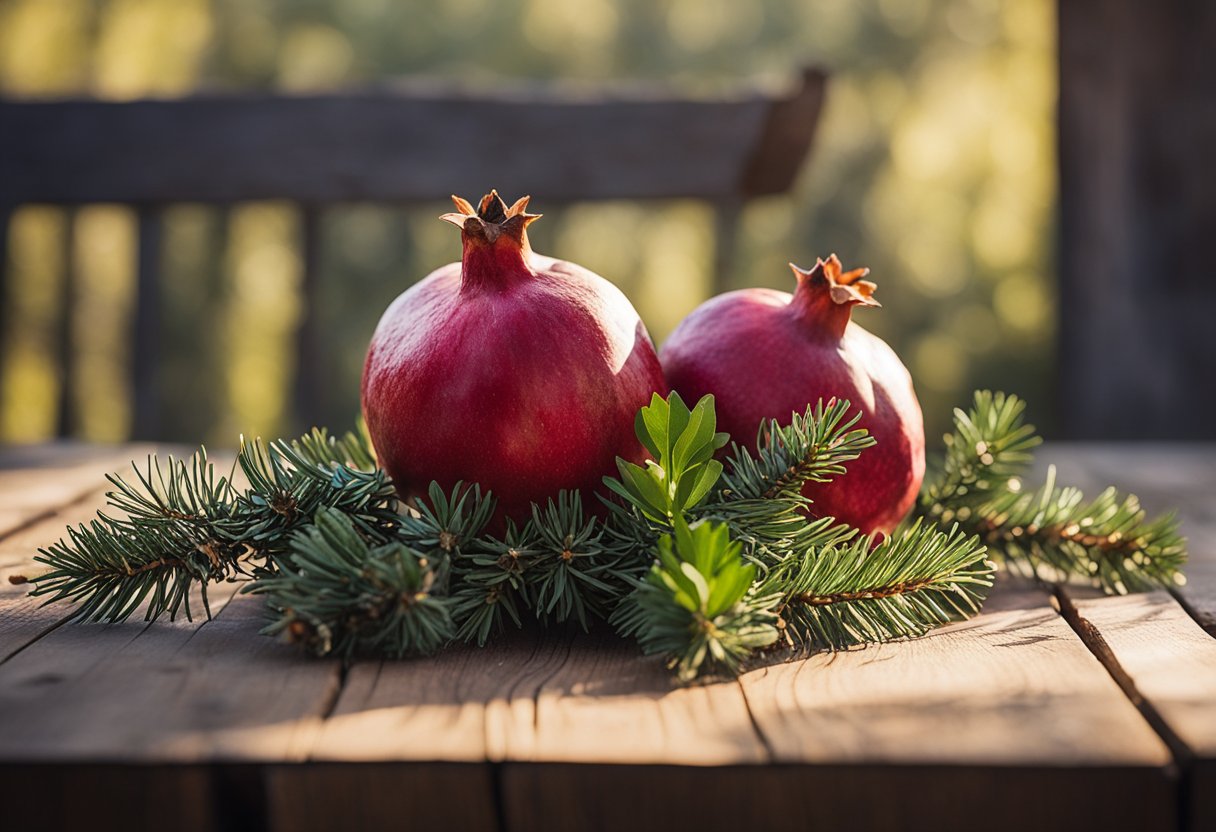 Intact pomegranates, pine branches, and winter greenery on a rustic farmhouse table with a weathered oak surface and morning light casting long shadows