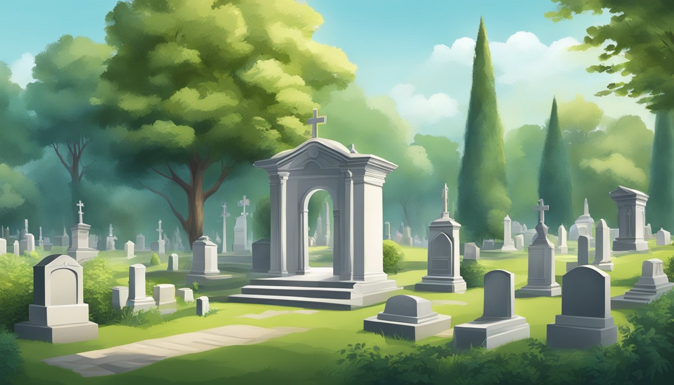 A serene cemetery with a peaceful atmosphere, surrounded by lush greenery and adorned with elegant headstones and monuments