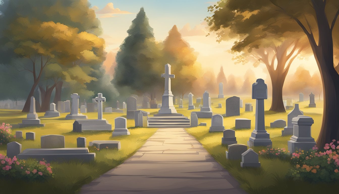 A serene setting with a peaceful cemetery, a comforting final expense insurance policy document, and a warm, welcoming atmosphere