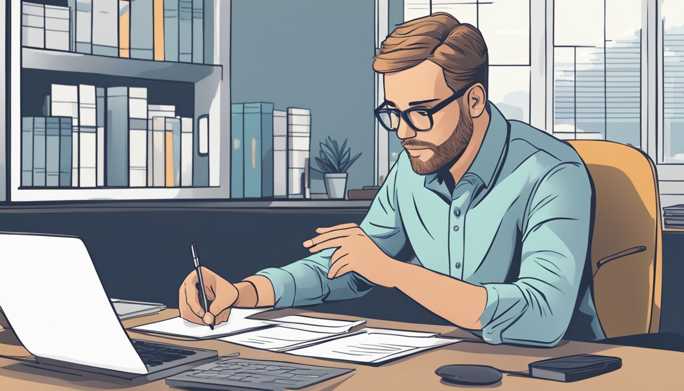 A person sitting at a desk, filling out paperwork, while speaking with a representative about purchasing final expense insurance