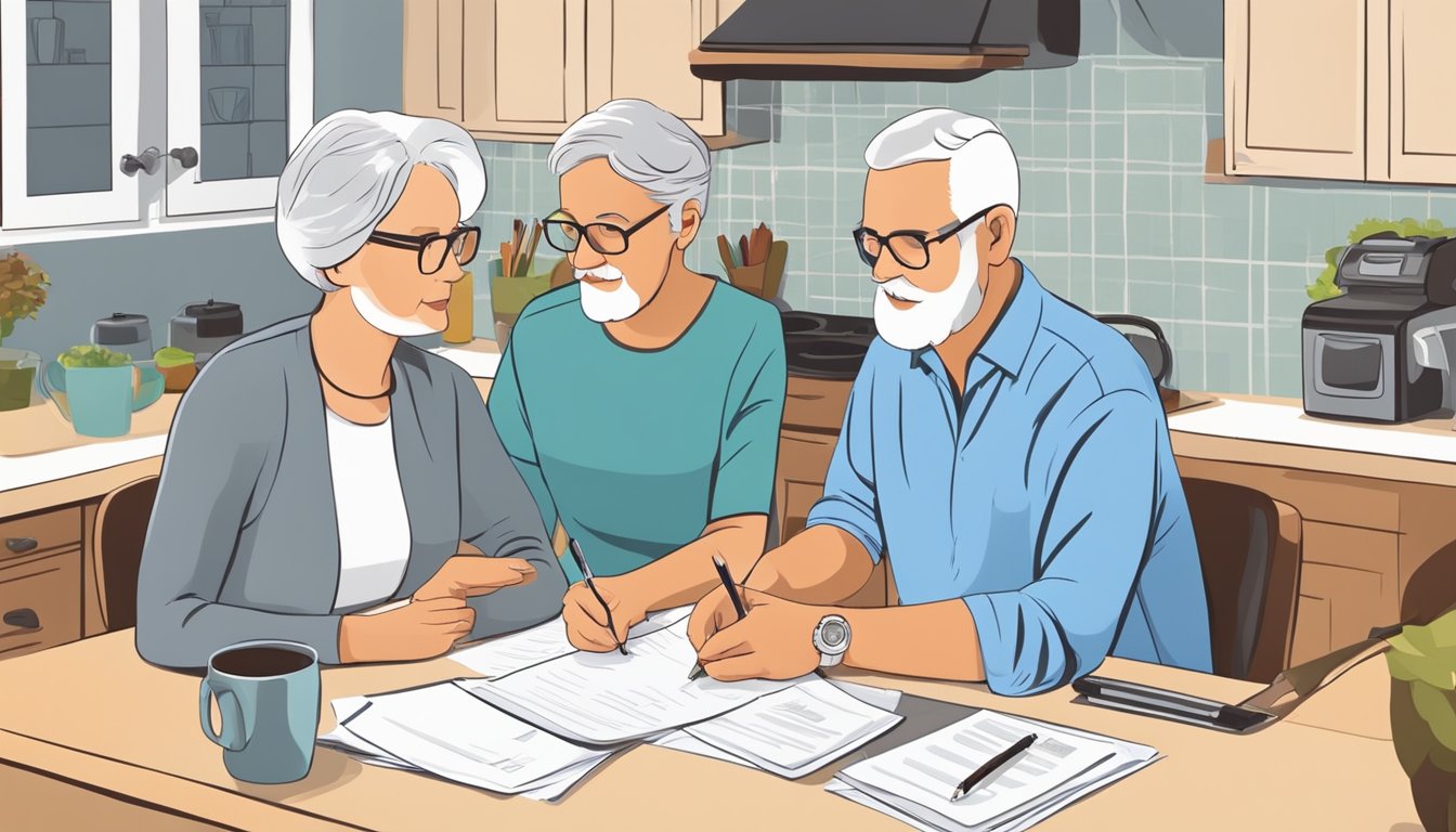 A senior couple sitting at a kitchen table, filling out paperwork with an insurance agent. The agent is explaining the process and options for burial insurance