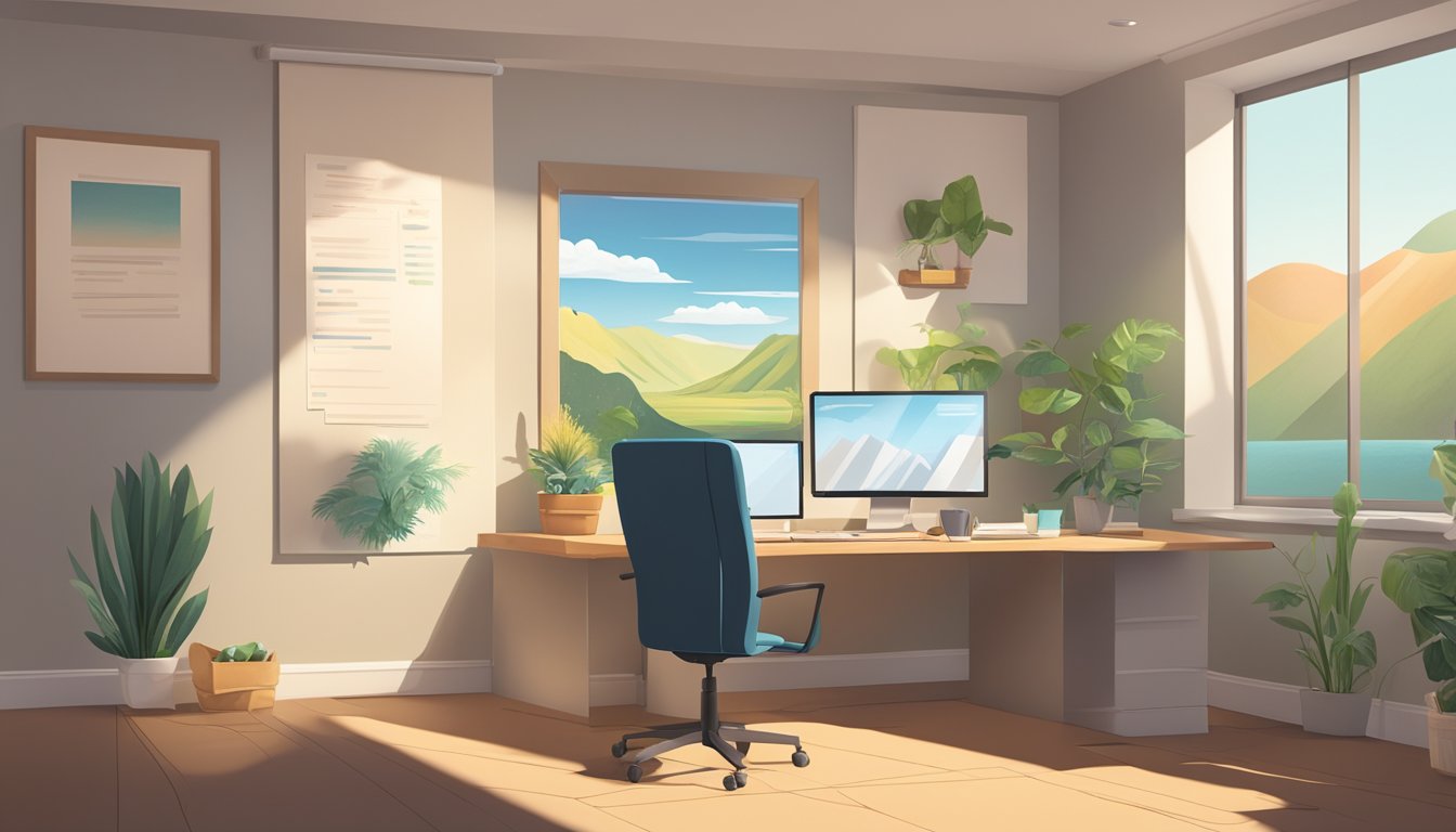 A tranquil, sunlit office with a desk cluttered with paperwork and a computer screen displaying a claims process form. A framed picture of a serene landscape hangs on the wall