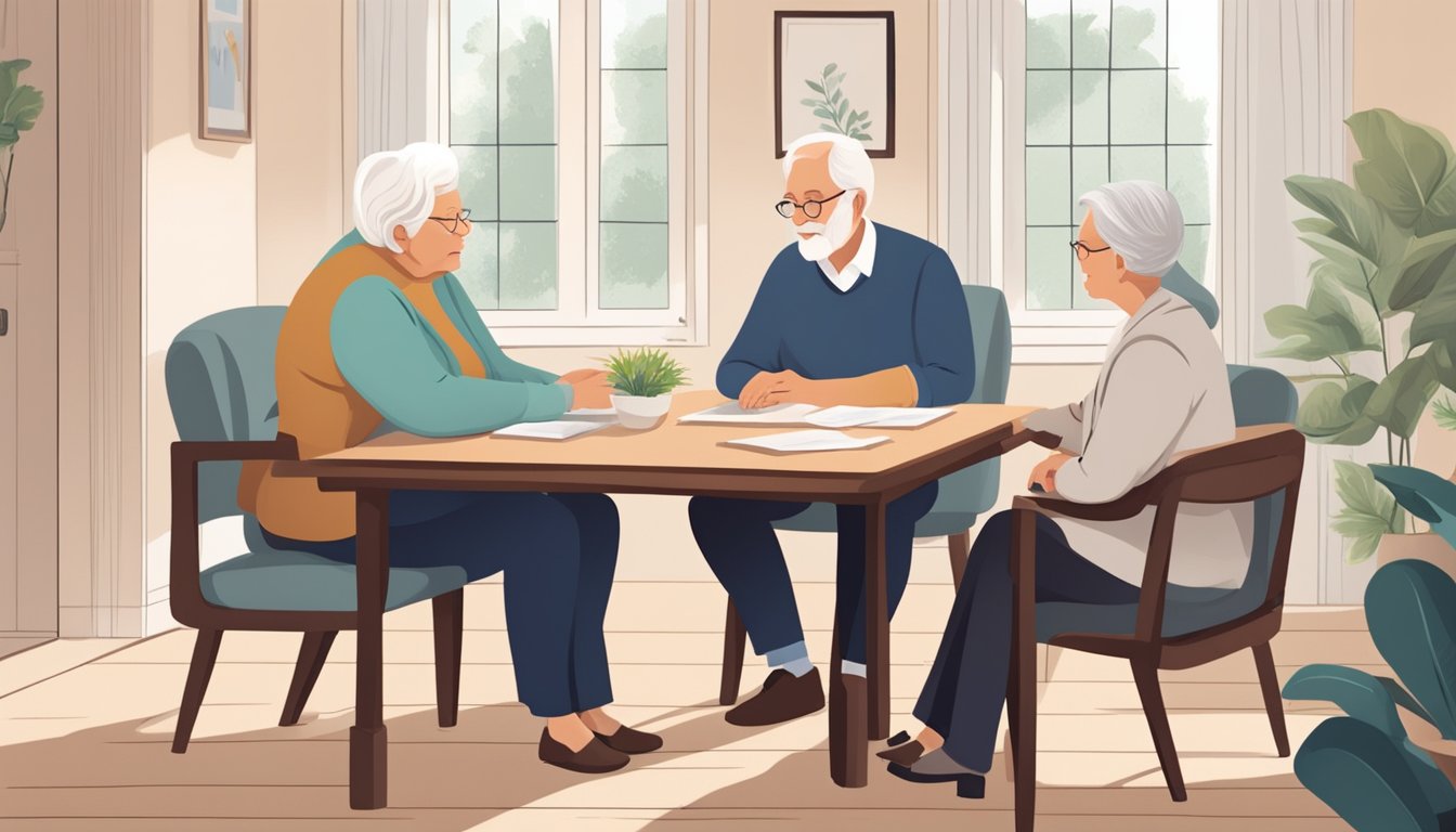 A serene elderly couple sits at a cozy table, discussing funeral insurance options with a compassionate insurance agent