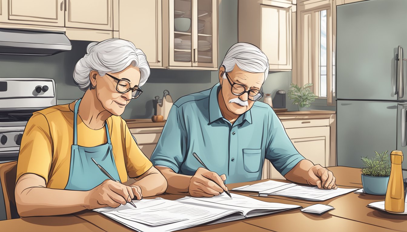 A serene elderly couple sitting at a kitchen table, reviewing paperwork with a compassionate insurance agent