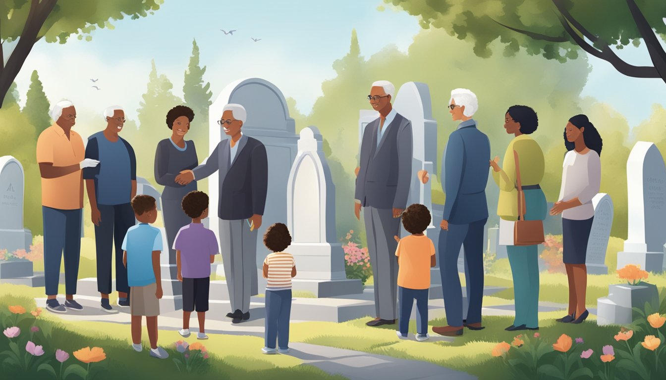 A diverse group of people of various ages and backgrounds are gathered in a peaceful cemetery, where they are being welcomed and approved for burial insurance without any age restrictions