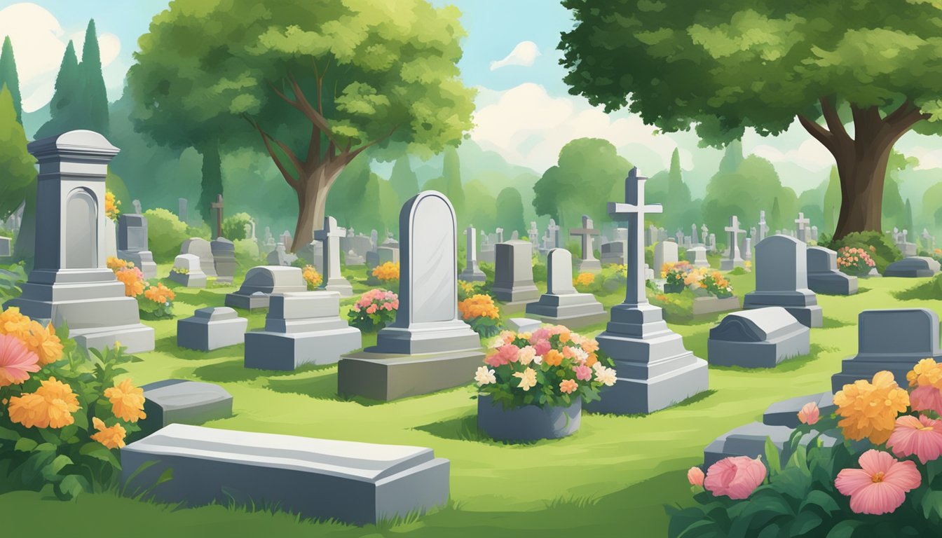 A serene, peaceful cemetery with a variety of headstones and grave markers, surrounded by lush greenery and flowers