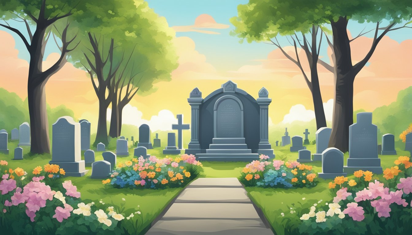 A serene cemetery with a prominent headstone, surrounded by lush greenery and flowers, under a peaceful sky