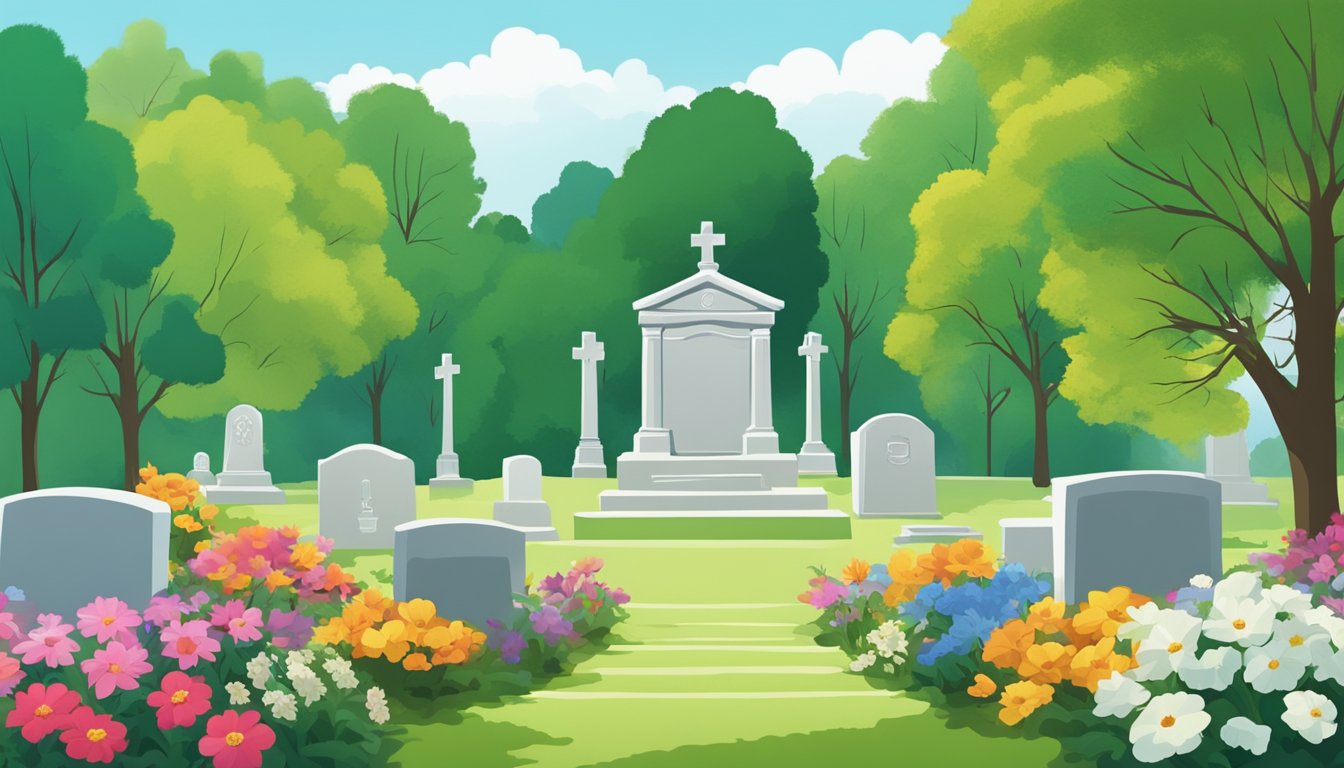 A serene cemetery with a clear blue sky, surrounded by vibrant green trees and colorful flowers. A simple headstone stands in the foreground, symbolizing peace and tranquility