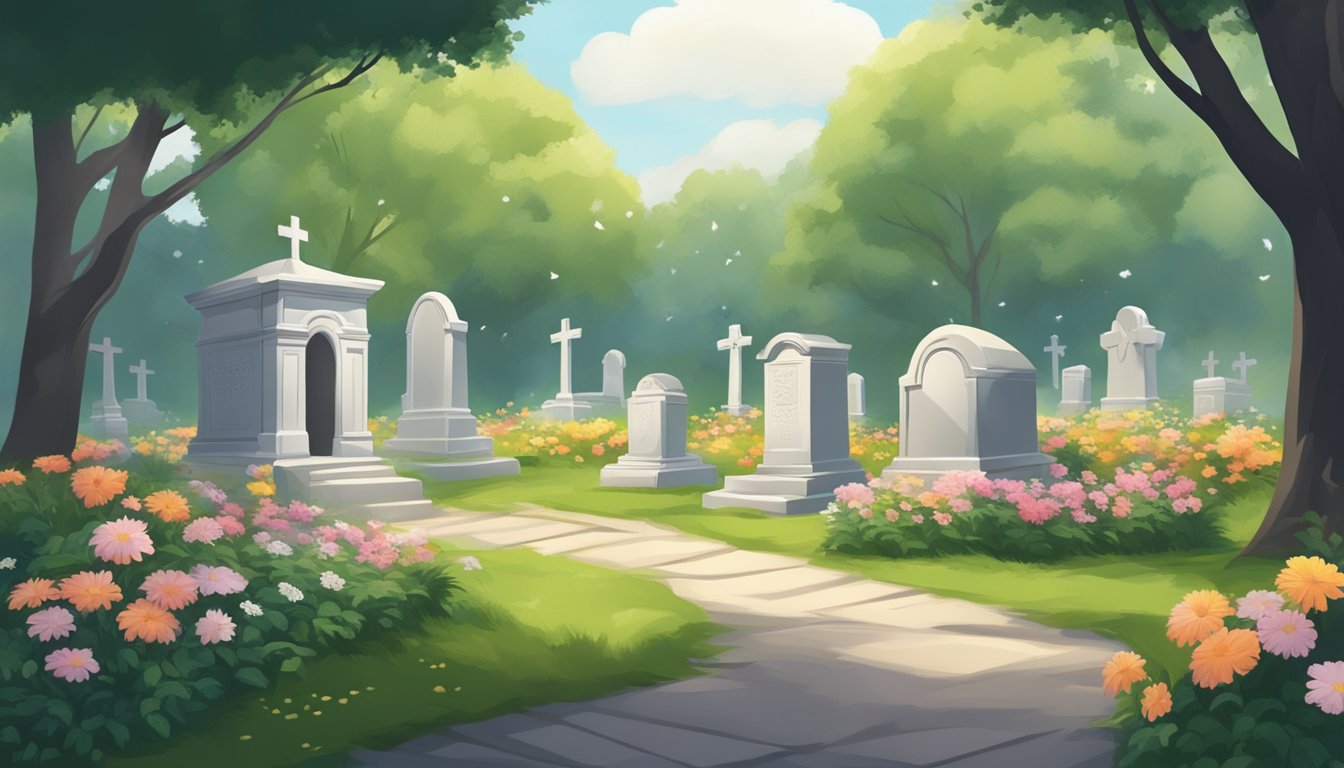 A serene cemetery with a peaceful atmosphere, surrounded by lush greenery and flowers, with a simple headstone and a gentle breeze blowing through the trees