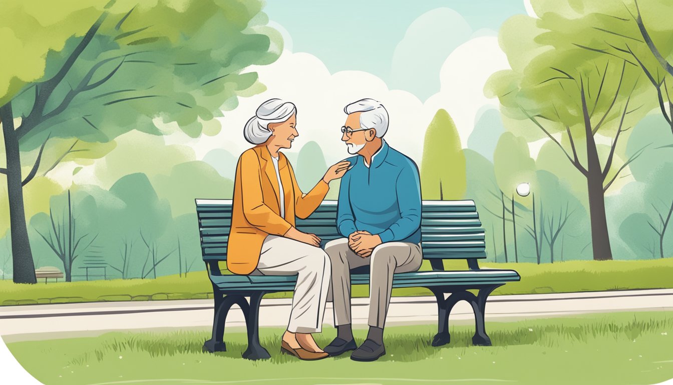 A serene, elderly couple sits on a park bench, discussing final expense insurance coverage and benefits with a knowledgeable agent