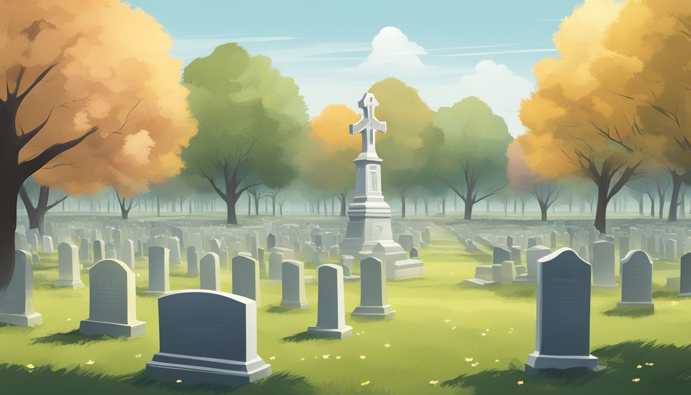 A serene graveyard with rows of headstones, a peaceful atmosphere, and a sense of tranquility