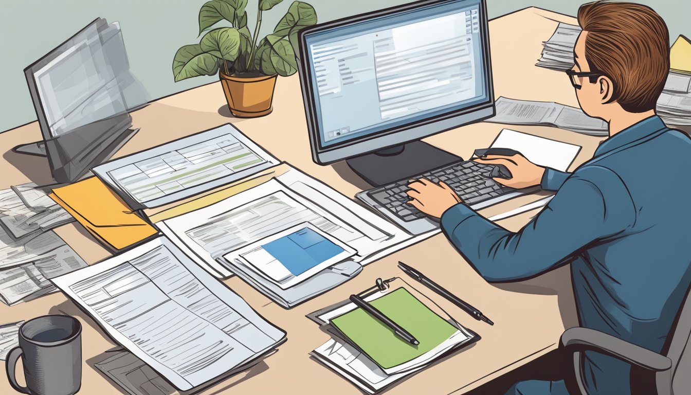 A person filling out a burial insurance application on a computer, surrounded by various documents and paperwork