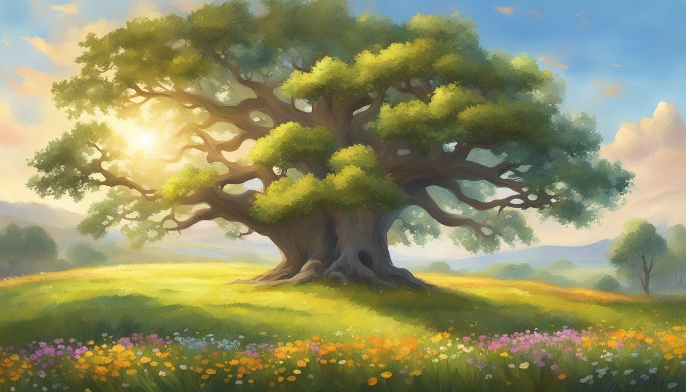 A serene, sun-drenched meadow with a single, ancient oak tree standing tall and proud, surrounded by a field of colorful wildflowers