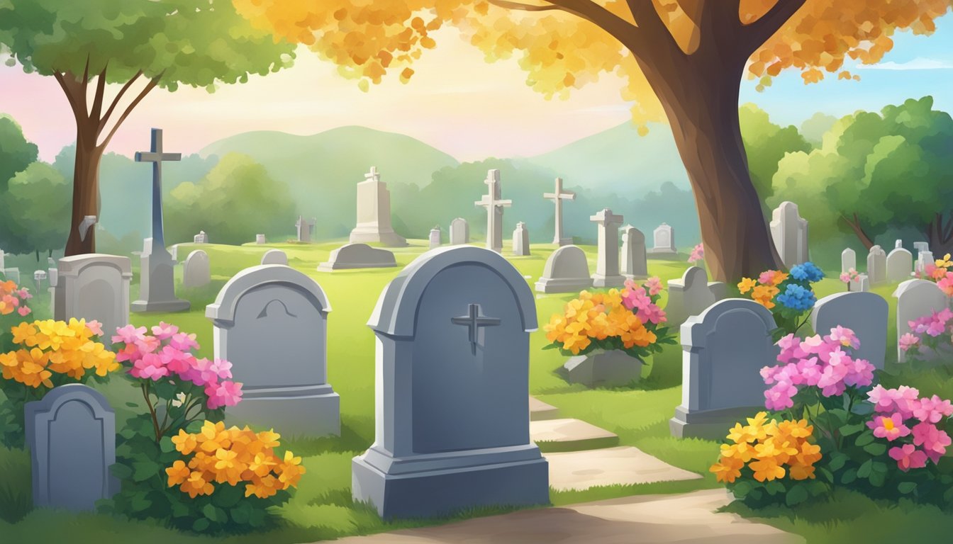 A peaceful cemetery with colorful flowers and a serene atmosphere, with a small headstone and a tree providing shade