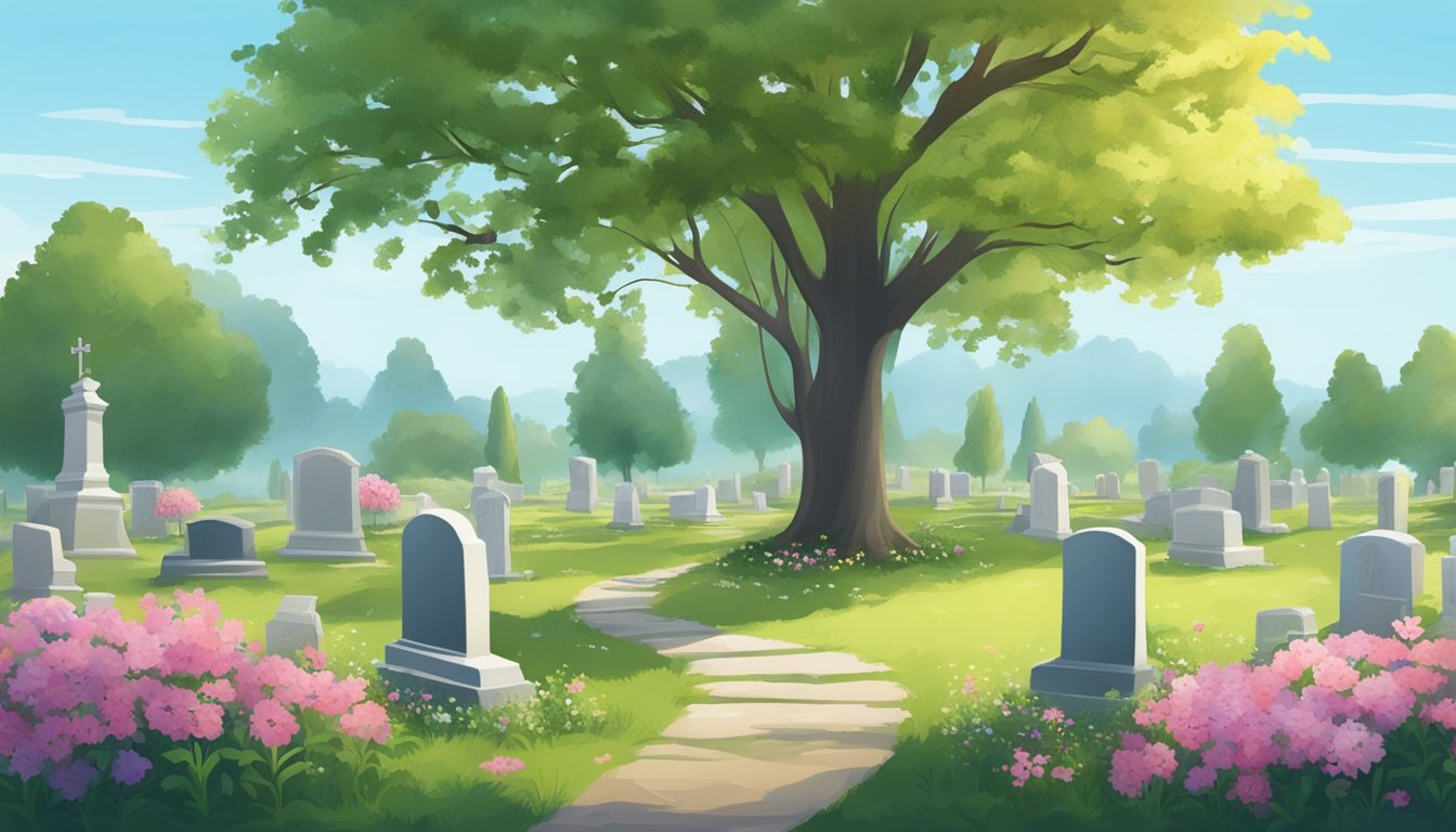 A serene cemetery with a single gravestone under a tree, surrounded by peaceful greenery and flowers