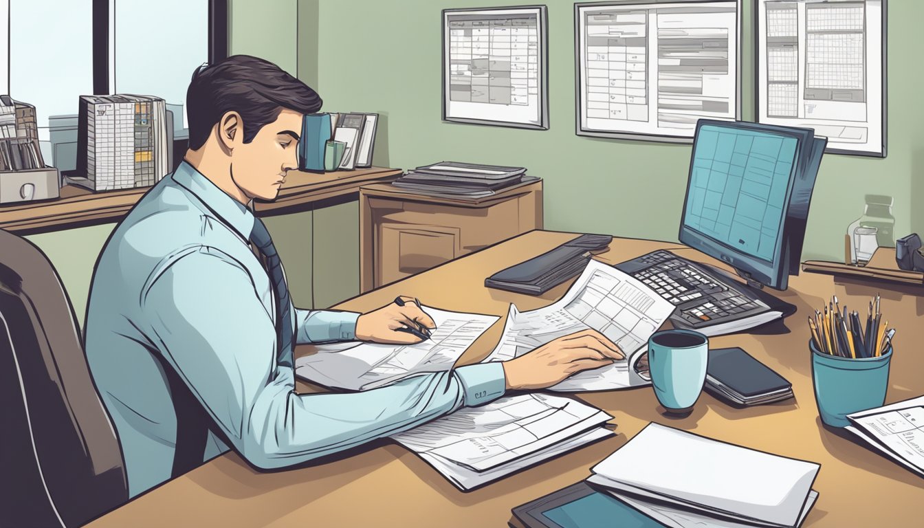 A 30-year-old sits at a desk with paperwork and a calculator, considering options for burial insurance. A calendar on the wall marks the current date