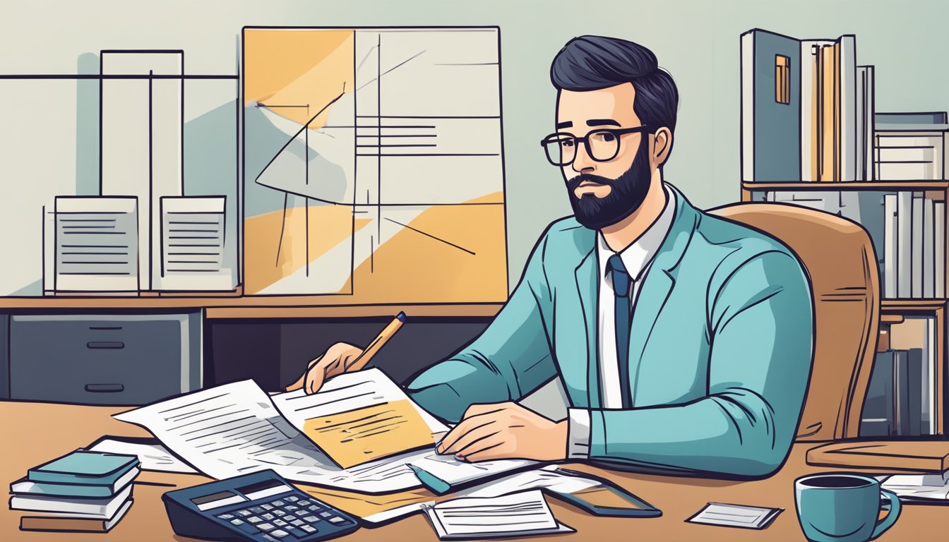 A 30-year-old person researching burial insurance options, sitting at a desk with a calculator and paperwork