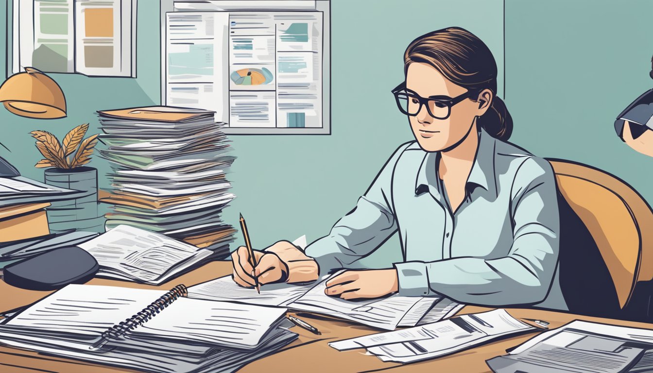 A 30-year-old individual sitting at a desk, surrounded by various burial insurance provider brochures and paperwork. The person is carefully comparing different options and taking notes