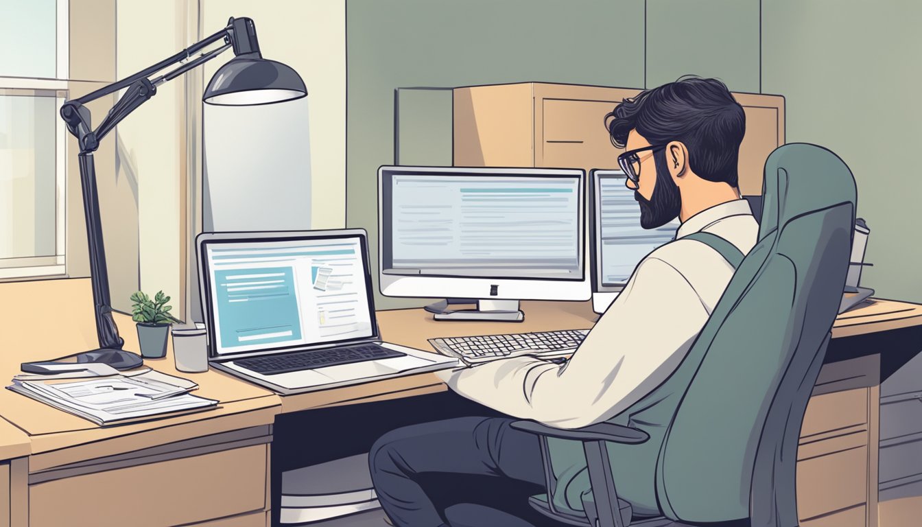 A 30-year-old fills out forms for burial insurance, sitting at a desk with a computer and paperwork. The room is quiet and organized