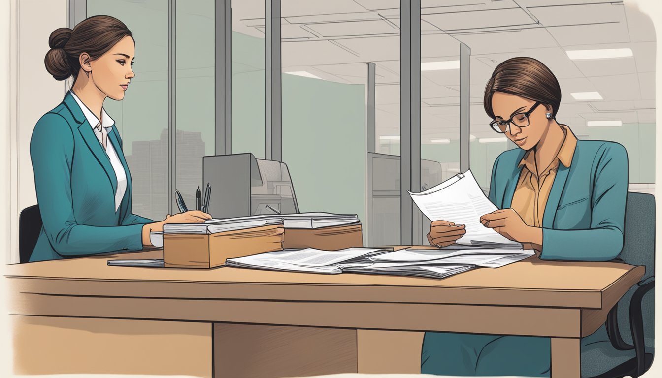 A 30-year-old woman sits at a desk, signing papers while a representative explains the details of her burial insurance policy. Another employee processes a claim in the background