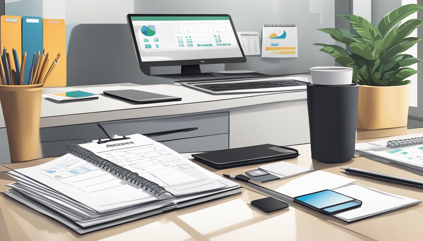 An office desk with a computer, phone, and paperwork. A calendar on the wall shows upcoming appointments. A stack of brochures and business cards sit on the desk