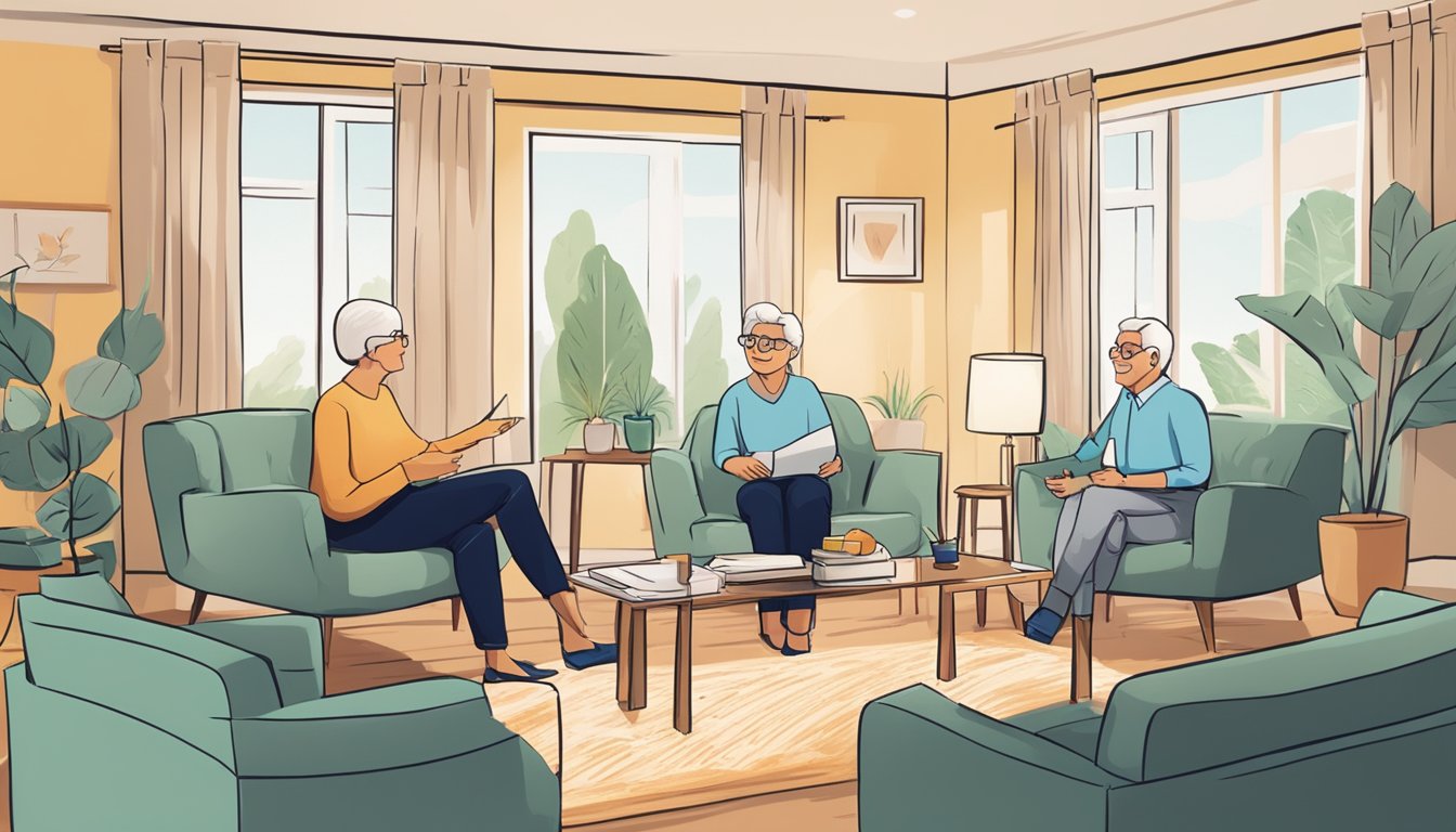 A confident sales agent discussing final expense insurance with a senior couple in their living room