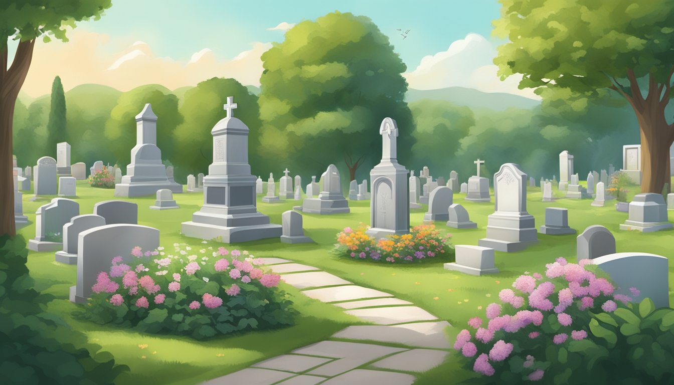 A tranquil cemetery with a gentle breeze, featuring a variety of headstones and burial plots, surrounded by lush greenery and peaceful surroundings