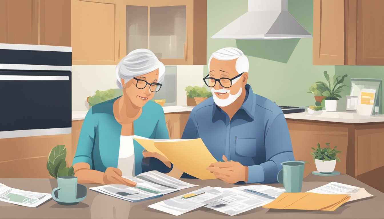 A senior couple sits at a kitchen table, discussing insurance options. Papers and brochures are spread out in front of them as they weigh their decision