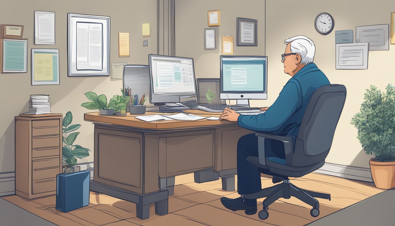 An elderly person sitting at a desk, surrounded by paperwork and a computer, speaking with a representative about burial insurance